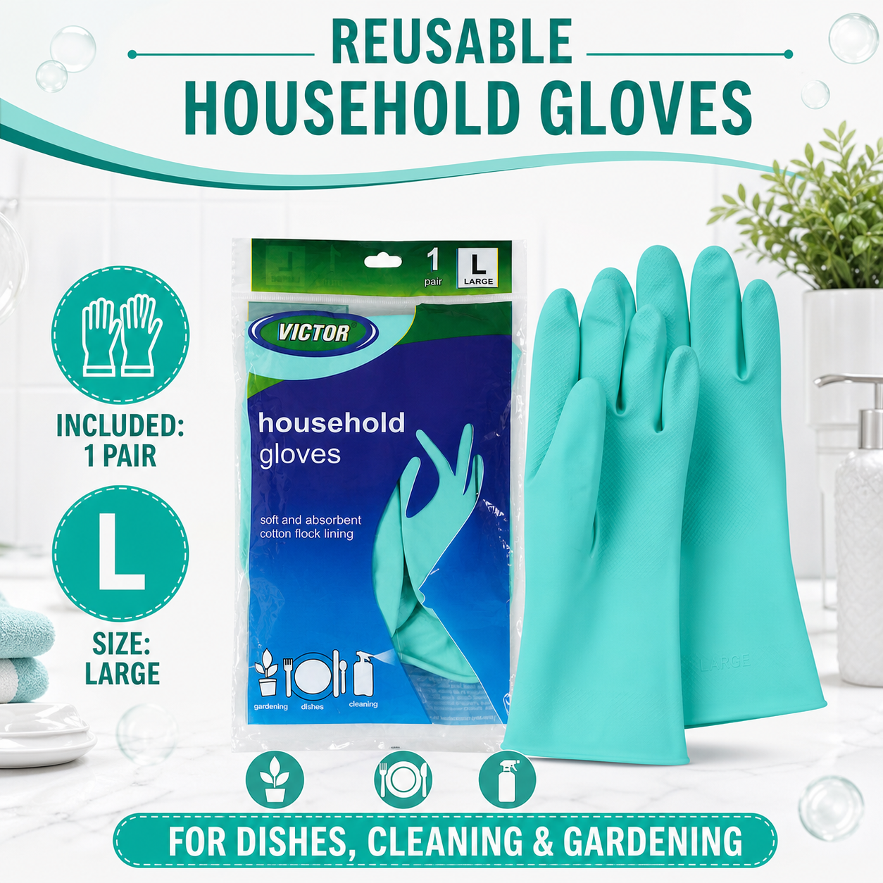 Large Victor Green Rubber Gloves Reusable & Waterproof for Kitchen - Detail View 8