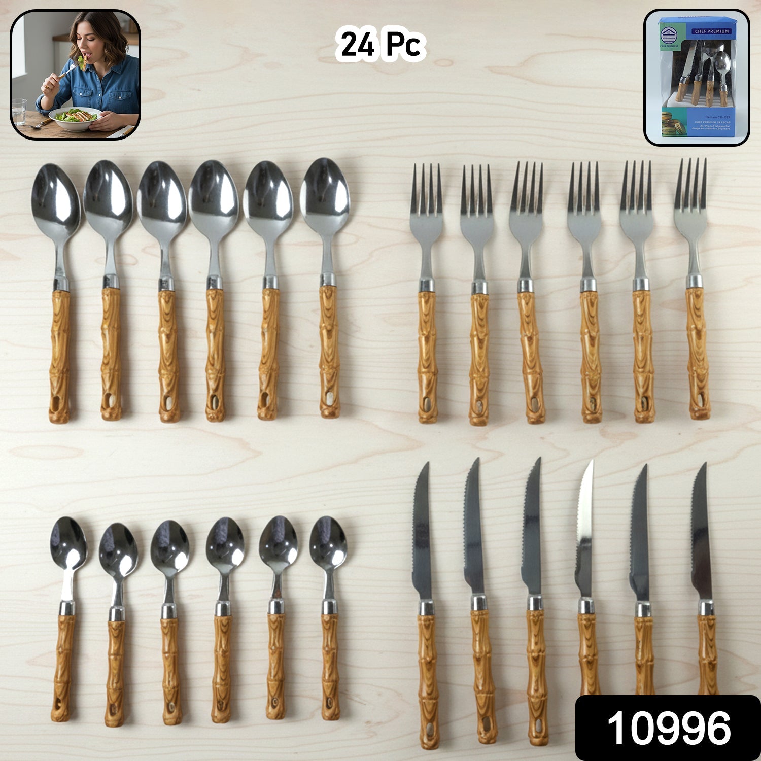 ALVENZA Stainless Steel Cutlery Set – Elegant Wooden Handle, 24 Pieces