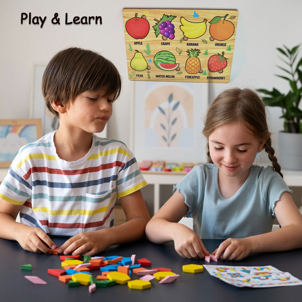 Wooden Fruit Puzzle Toddler Learning Board | Inventive Play - Front View