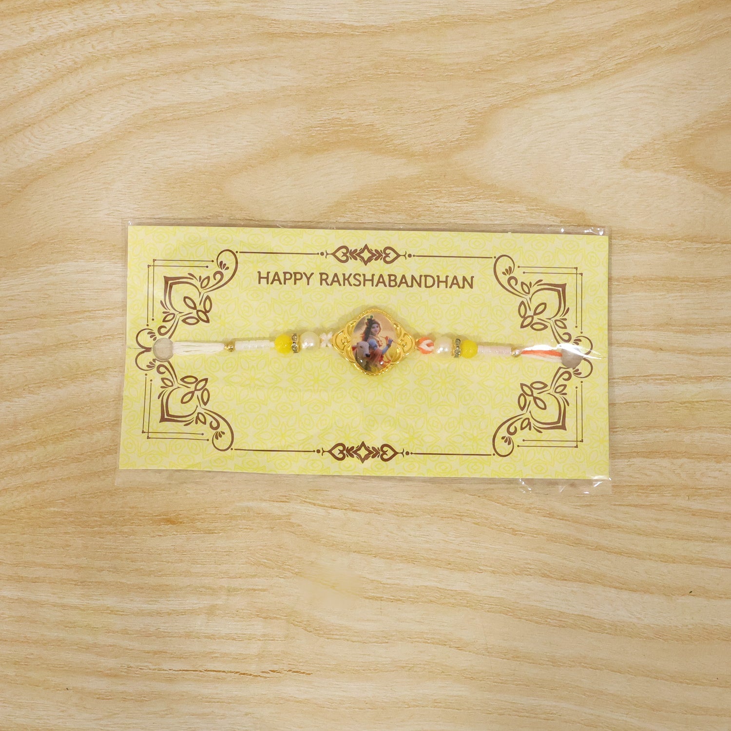 ALVENZA Lord Krishna Rakhi – Elegant Designer Thread with Beads and Photo
