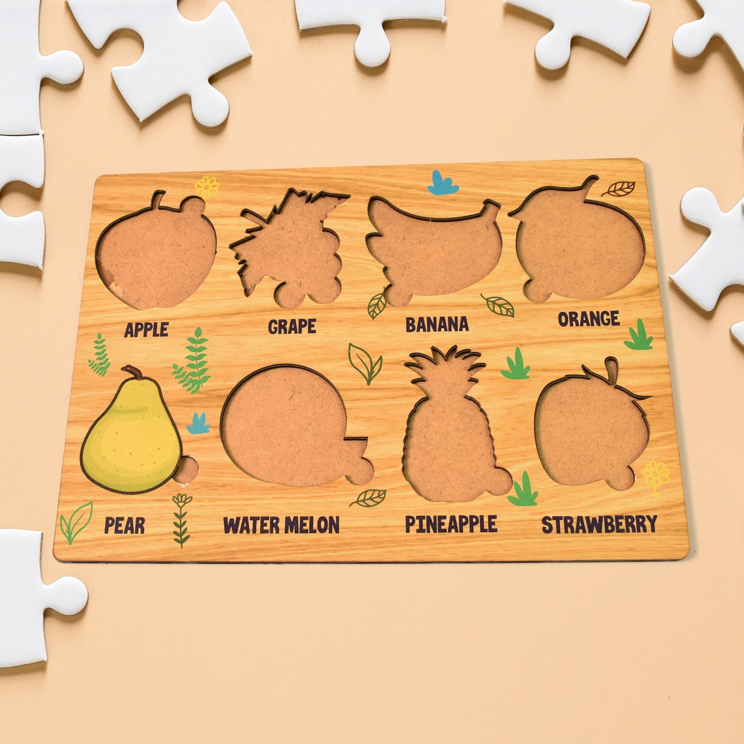 Wooden Fruit Puzzle Toddler Learning Board | Inventive Play - Back View