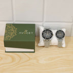 Silver Couple Watch Set with Black Dial Chronograph Style Metal Strap Design