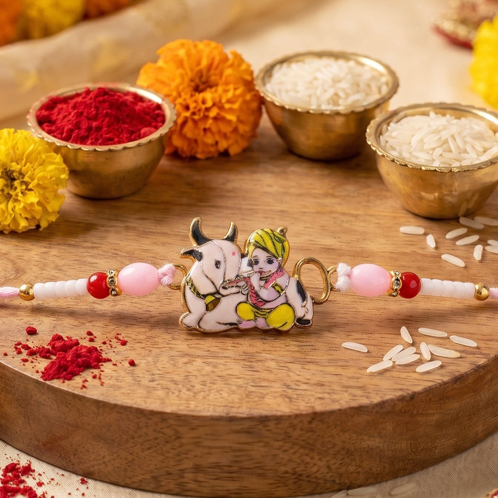 ALVENZA Krishna with Cow Designer Rakhi – Traditional & Comfortable for Brother