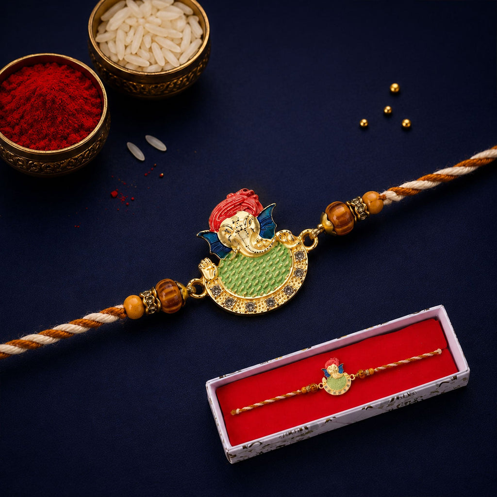 ALVENZA Auspicious Lord Ganesha Designer Meenakari Rakhi for Brother Gift Set