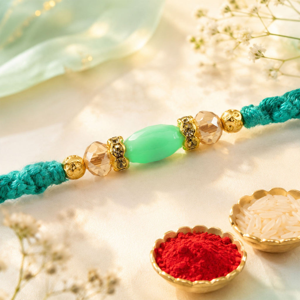 ALVENZA Turquoise Macrame Bracelet Rakhi with Mint Beads, Pearl Accents and Modern Thread