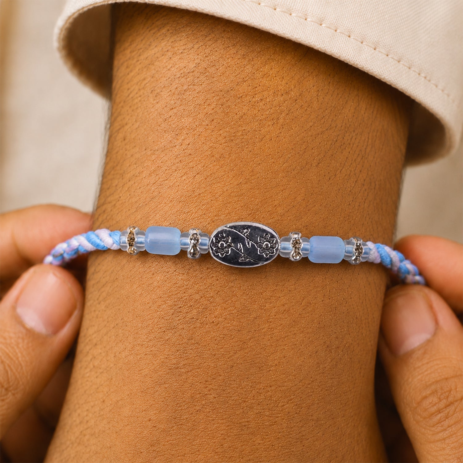 ALVENZA Blue Silver Stone Rakhi with Elegant Bracelet Style and Premium Festive Shine