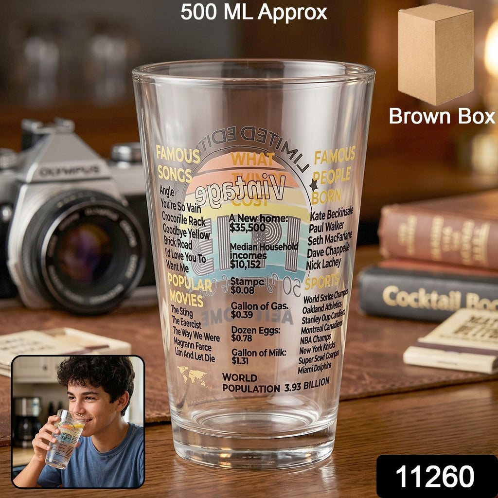 Printed Vintage Trivia Drinking Glass Unique Novelty Gift - Side View