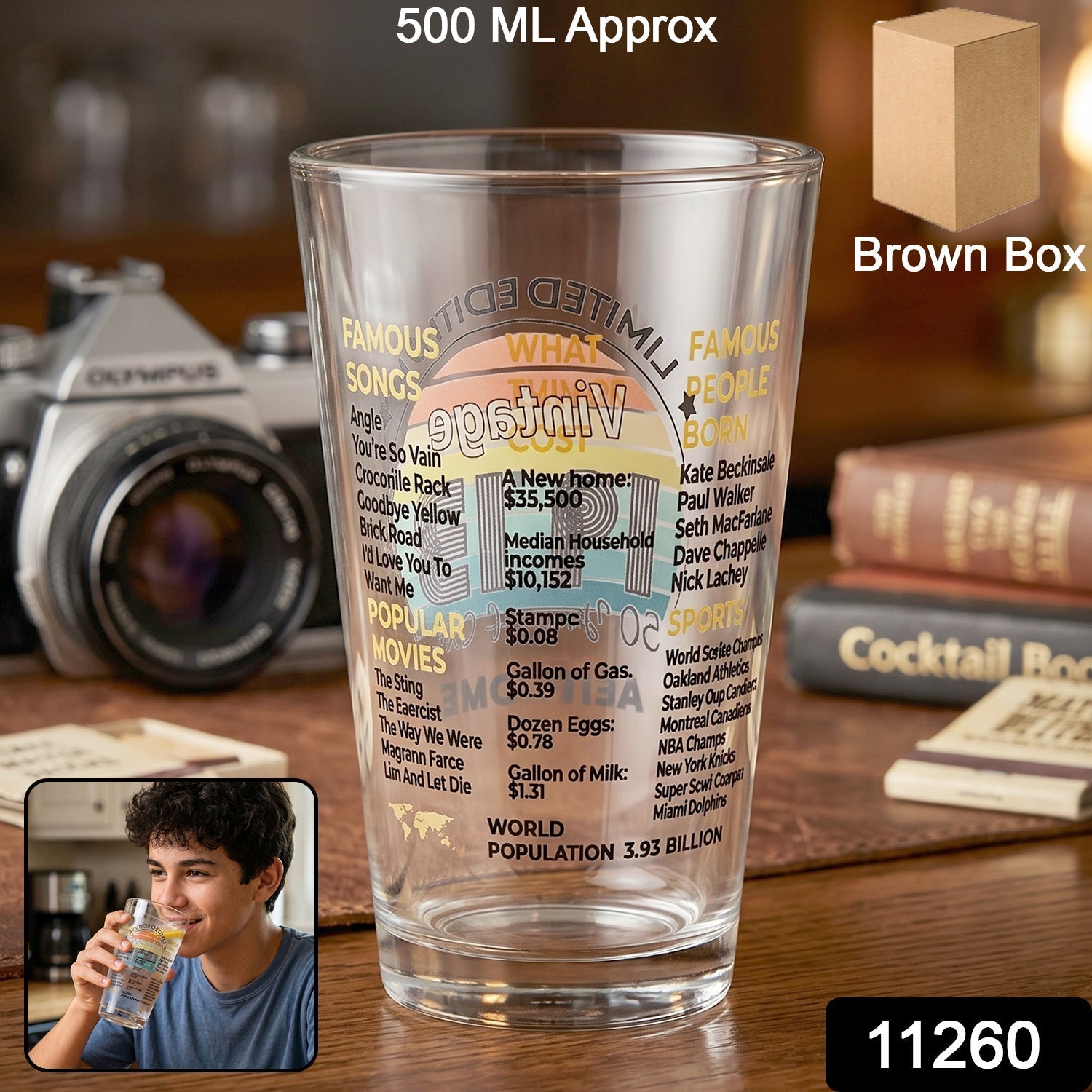 Printed Vintage Trivia Drinking Glass Unique Novelty Gift - Side View