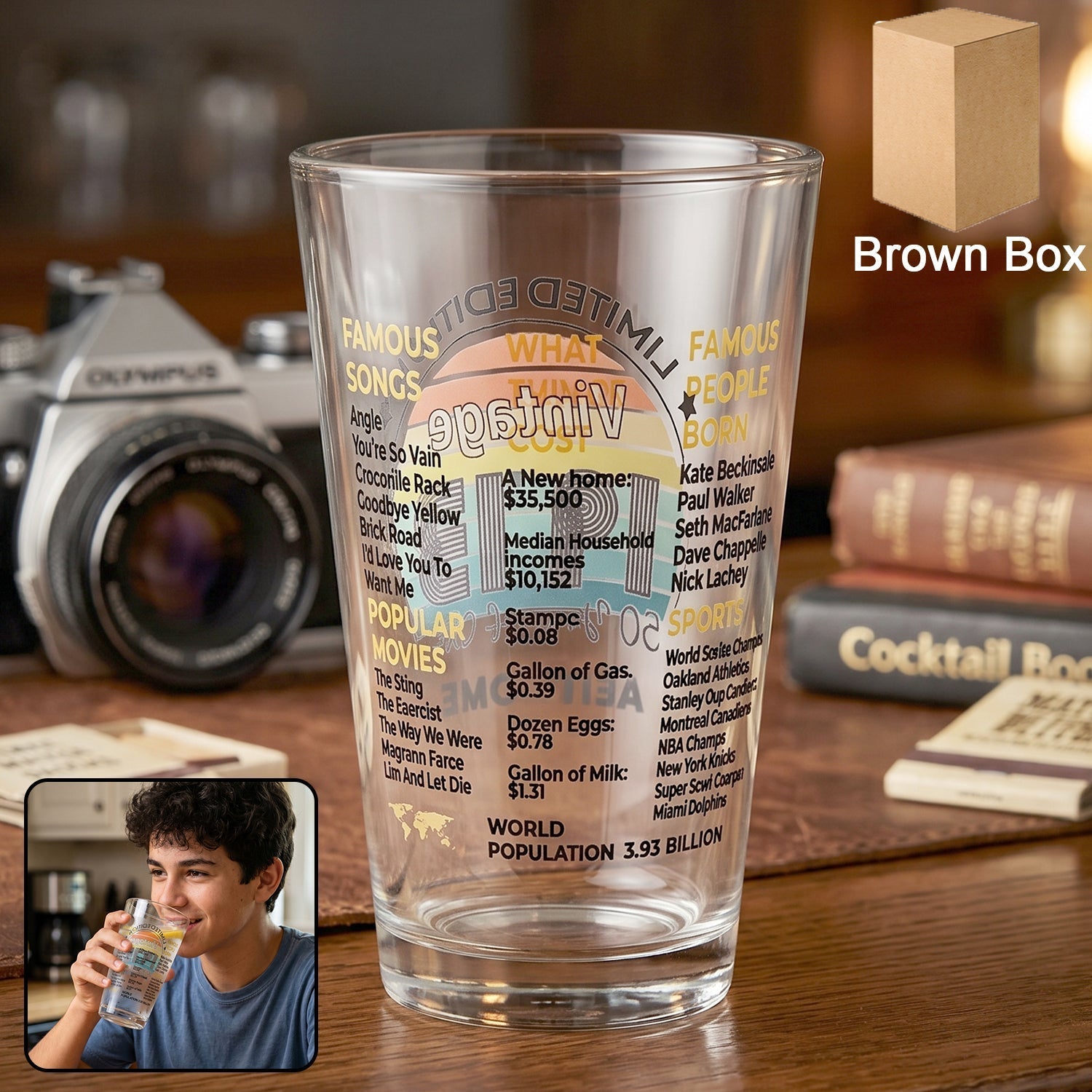 Printed Vintage Trivia Drinking Glass Unique Novelty Gift - Front View