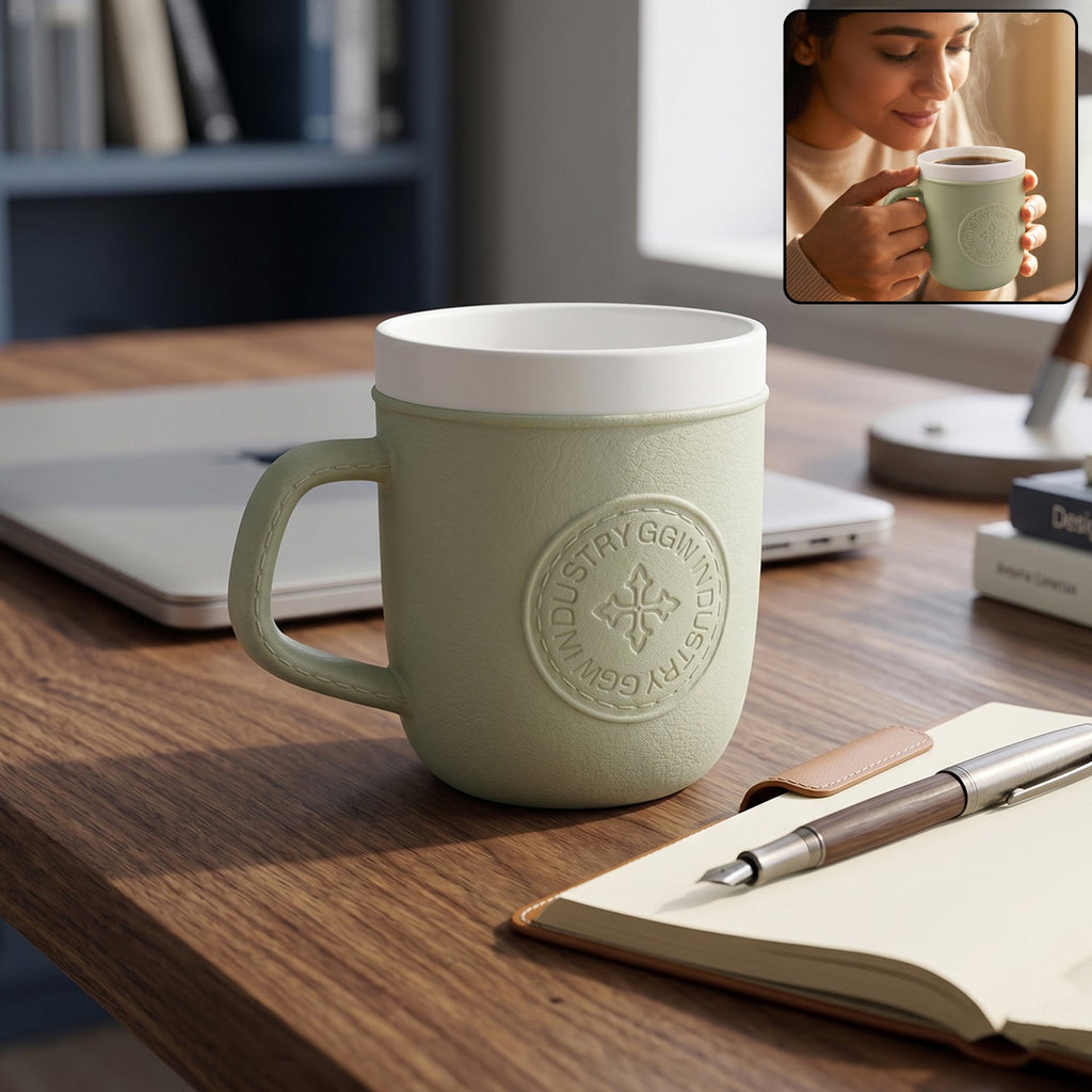 Plastic Coffee Mug with Handle Leather-Textured Reusable Cup
