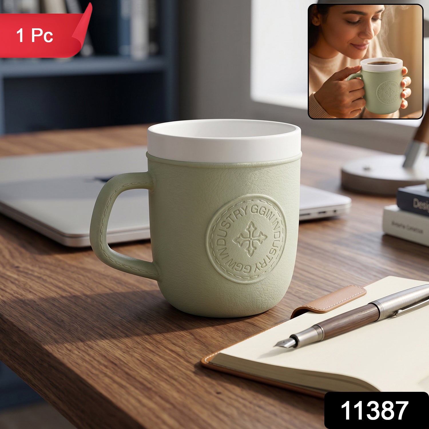 Plastic Coffee Mug with Handle Leather-Textured Reusable Cup - Side View