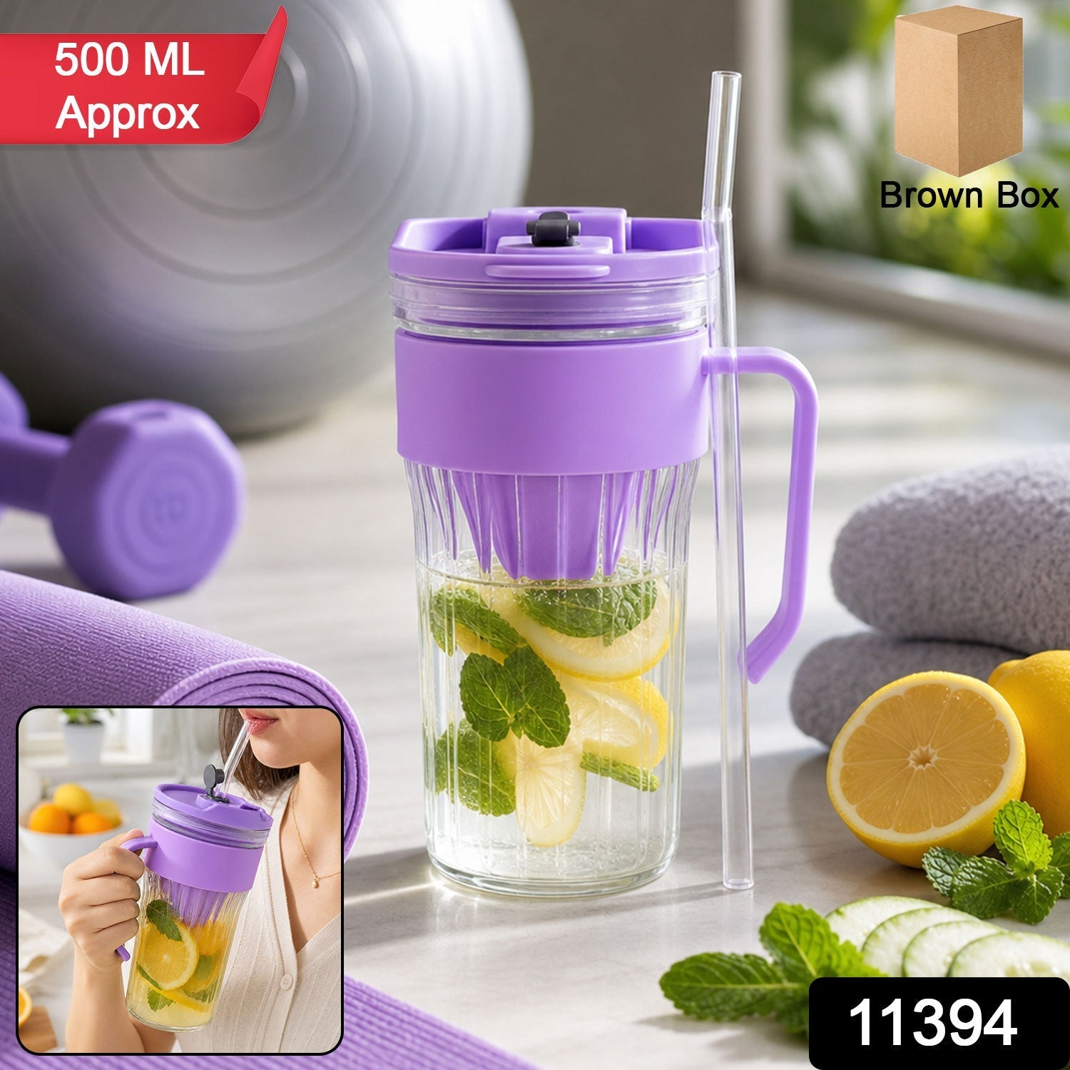 Glass Tumbler with Lid Reusable, Stylish Cold Beverage Mug - Side View