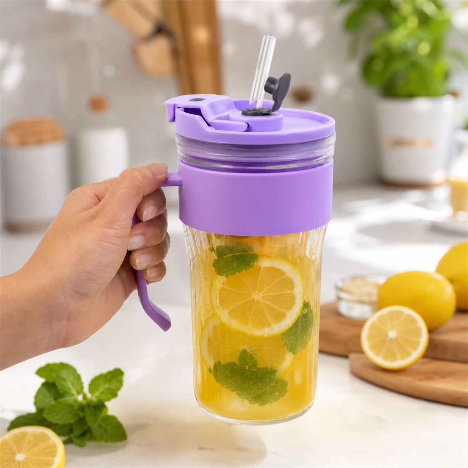 Glass Tumbler with Lid Reusable, Stylish Cold Beverage Mug - Front View