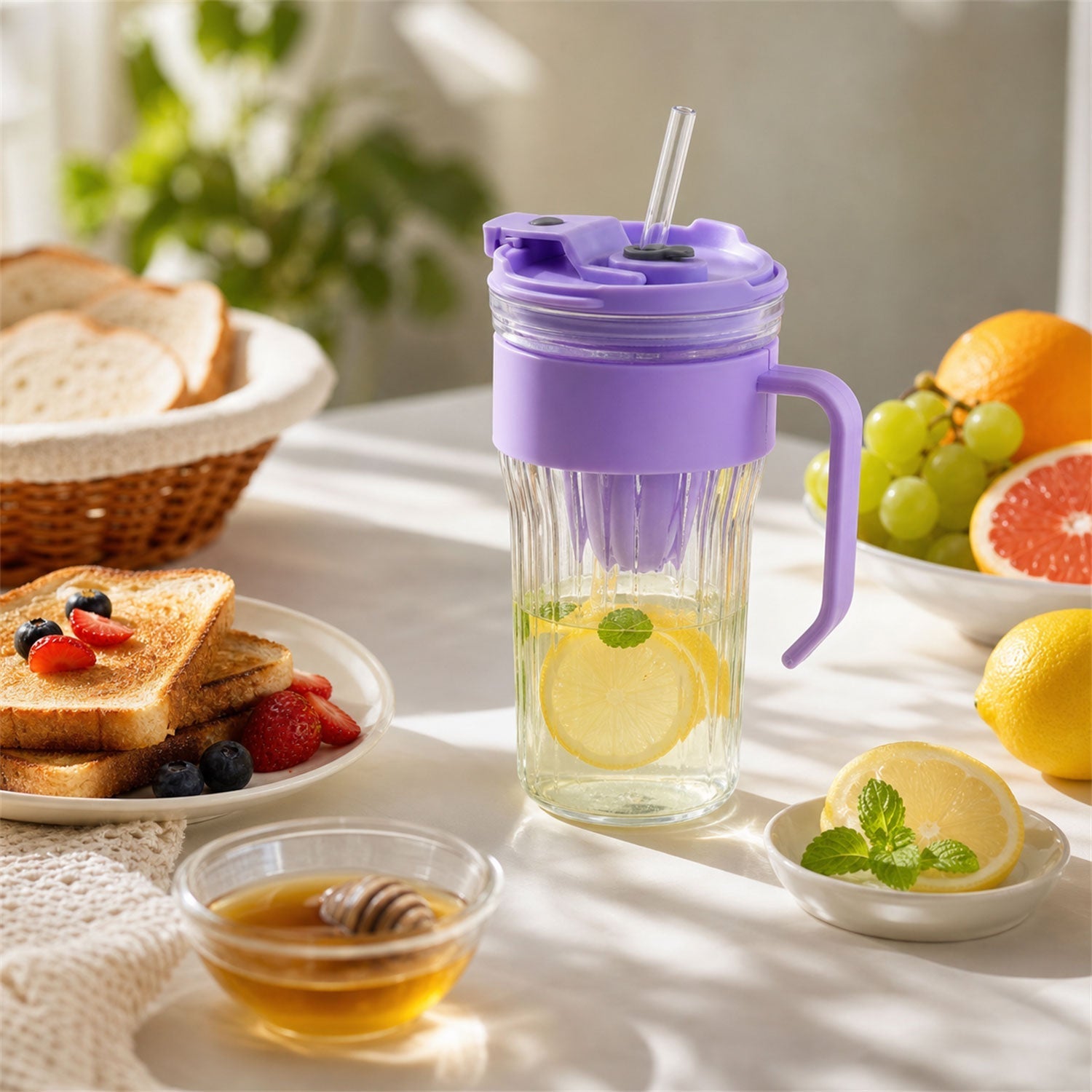 Glass Tumbler with Lid Reusable, Stylish Cold Beverage Mug - Back View