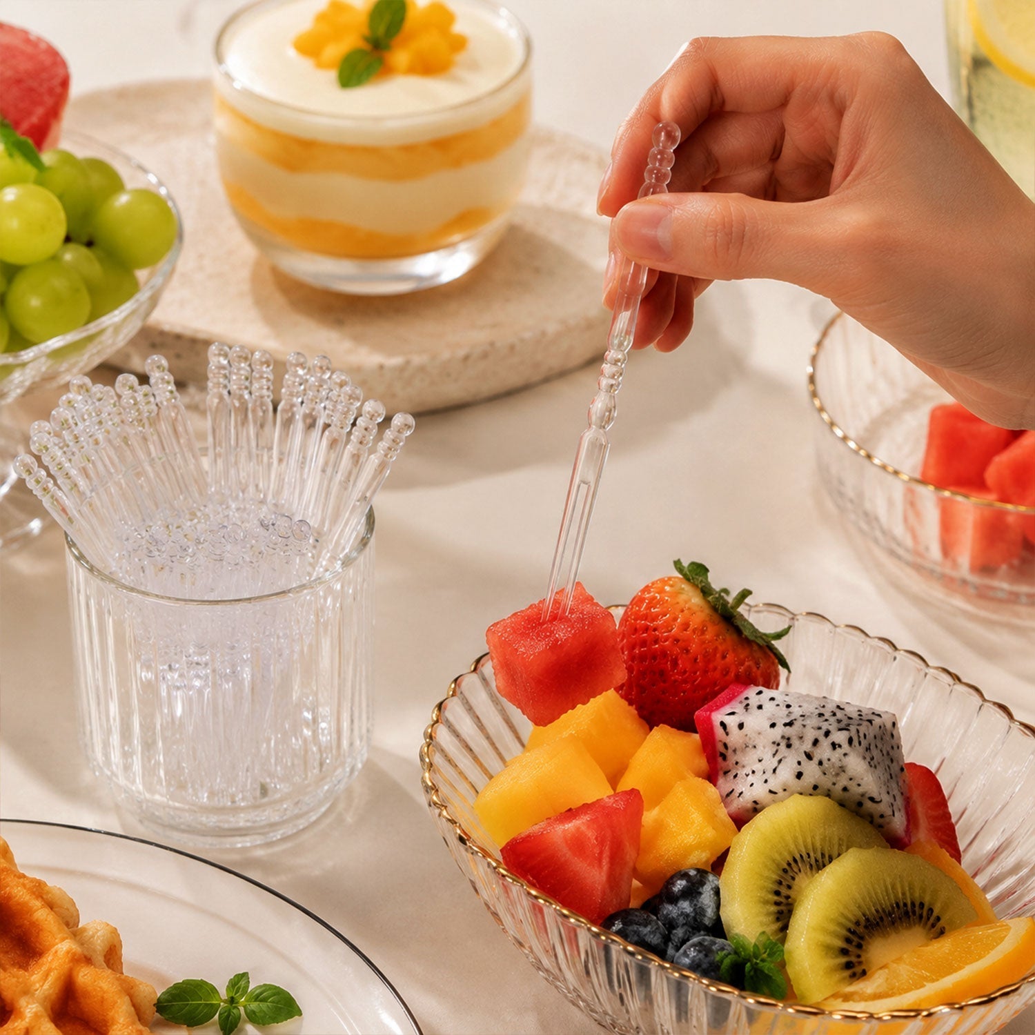 Mini Disposable Plastic Fruit Fork Elegant Beaded Handle Design - Front View