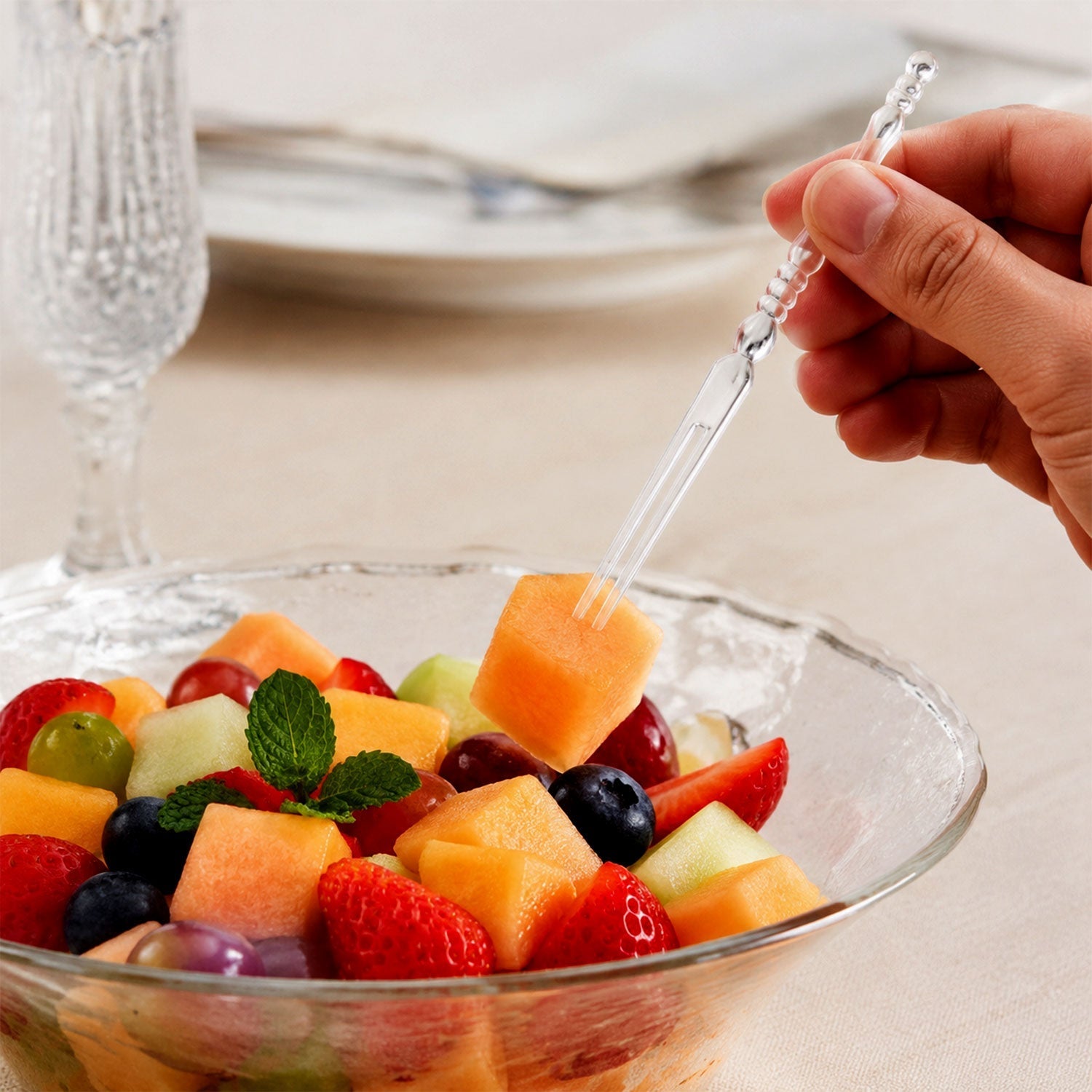 Mini Disposable Plastic Fruit Fork Elegant Beaded Handle Design - Back View