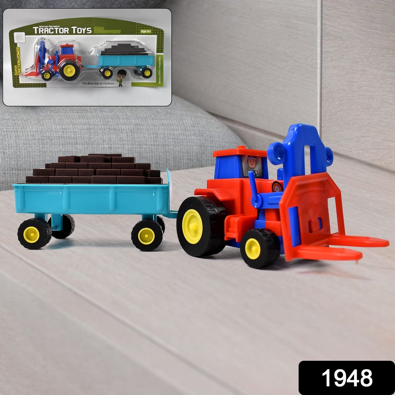 Friction Tractor Toy Durable Plastic with Bricks Trolley | Aditi - Side View