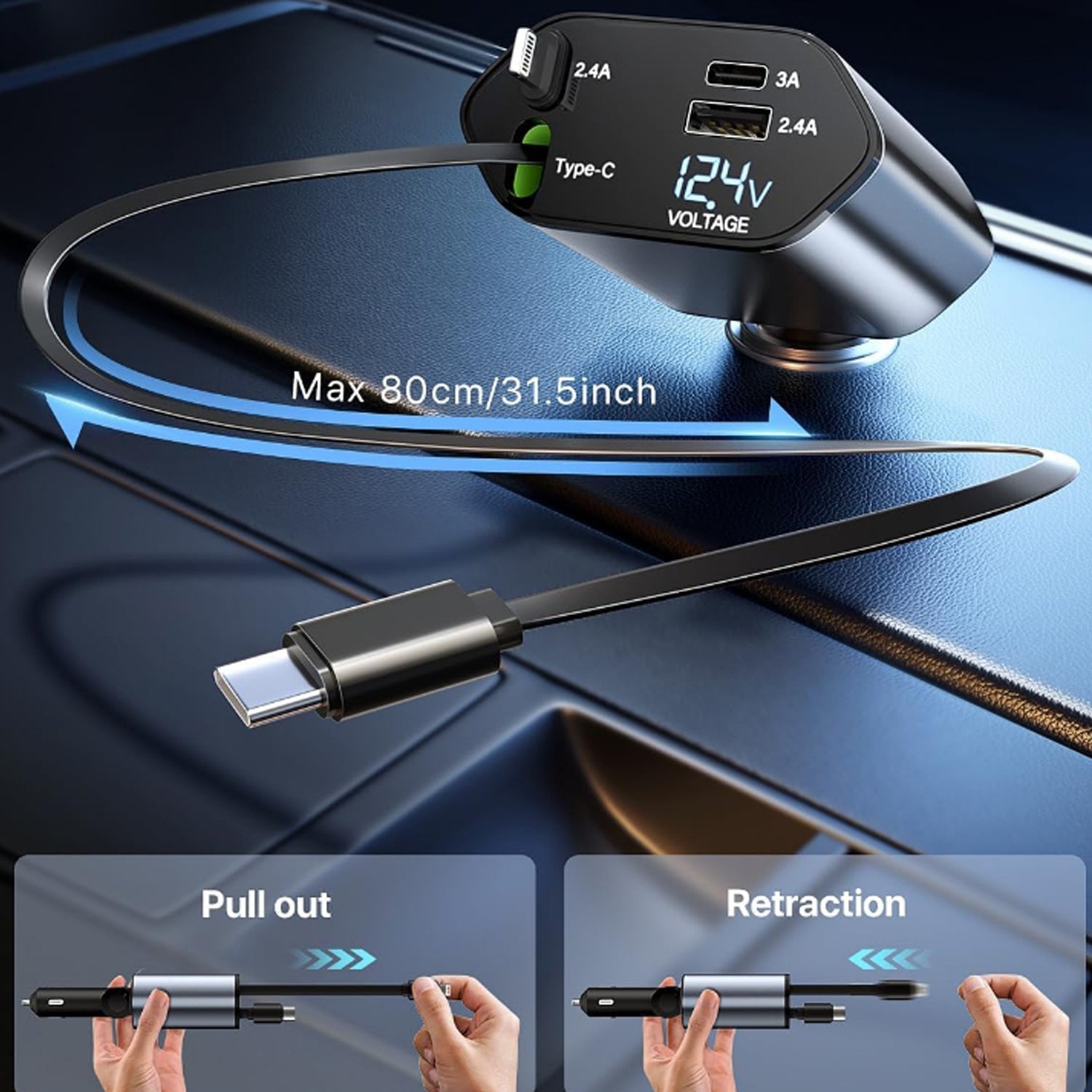 ALVENZA 4-in-1 Car Charger – Dual Cables & 120W Super Fast Power