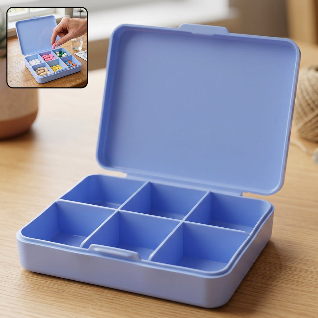 Pill Organizer Box Compact 6-Compartment Daily Medicine Storage - Front View