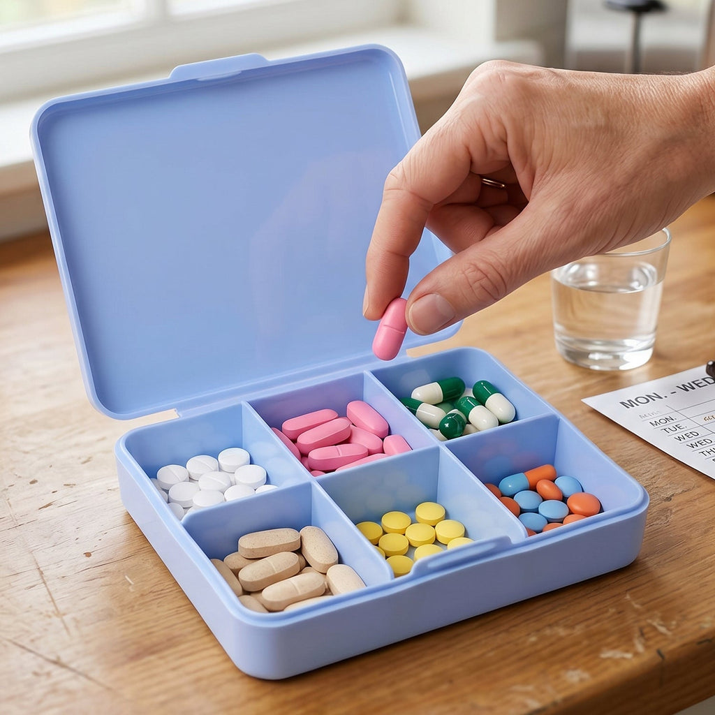 Pill Organizer Box Compact 6-Compartment Daily Medicine Storage - Back View