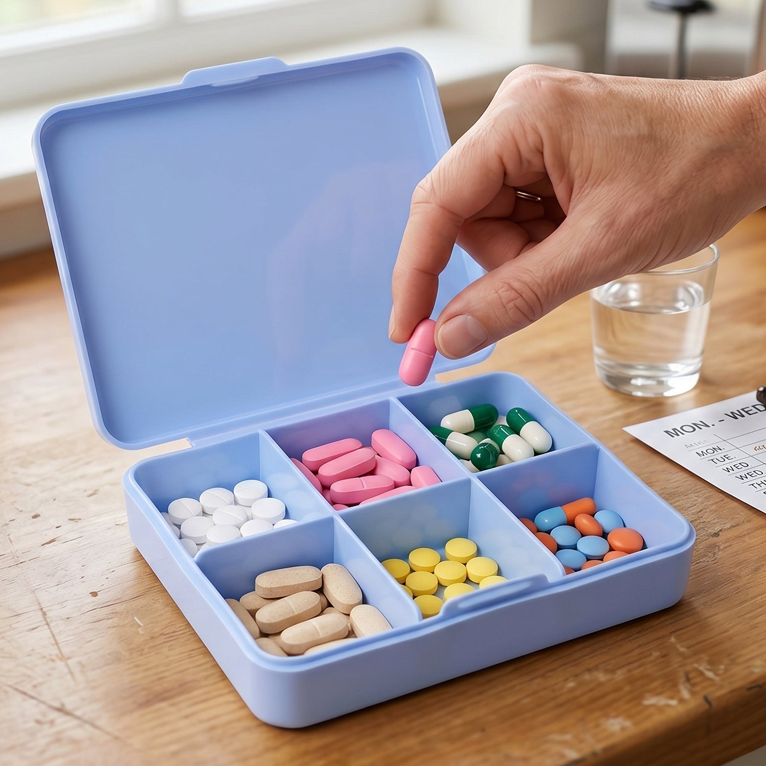 Pill Organizer Box Compact 6-Compartment Daily Medicine Storage - Back View