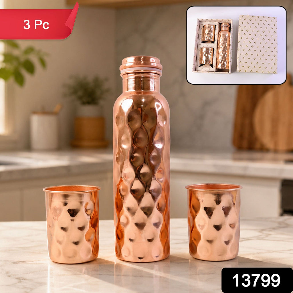 Copper Water Bottle Set Diamond Cut & 2 Glasses - Front View