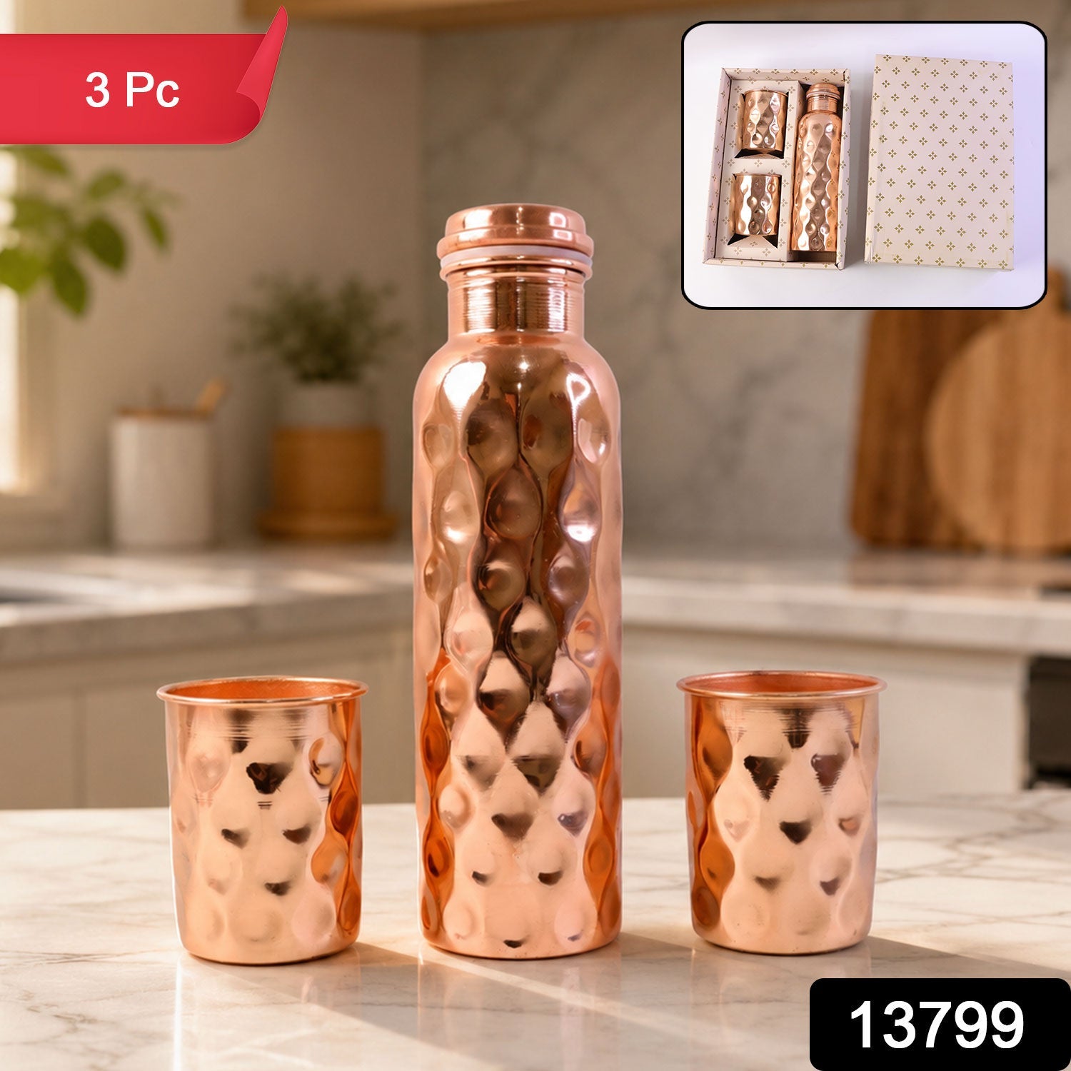 Copper Water Bottle Set Diamond Cut & 2 Glasses - Front View