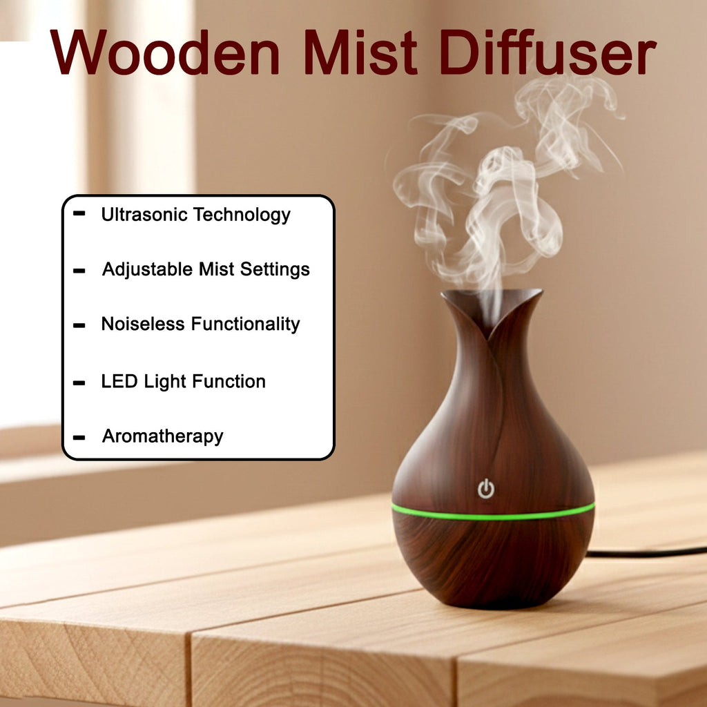 Mini Wooden Humidifier Ultrasonic Mist Diffuser with LED - Back View