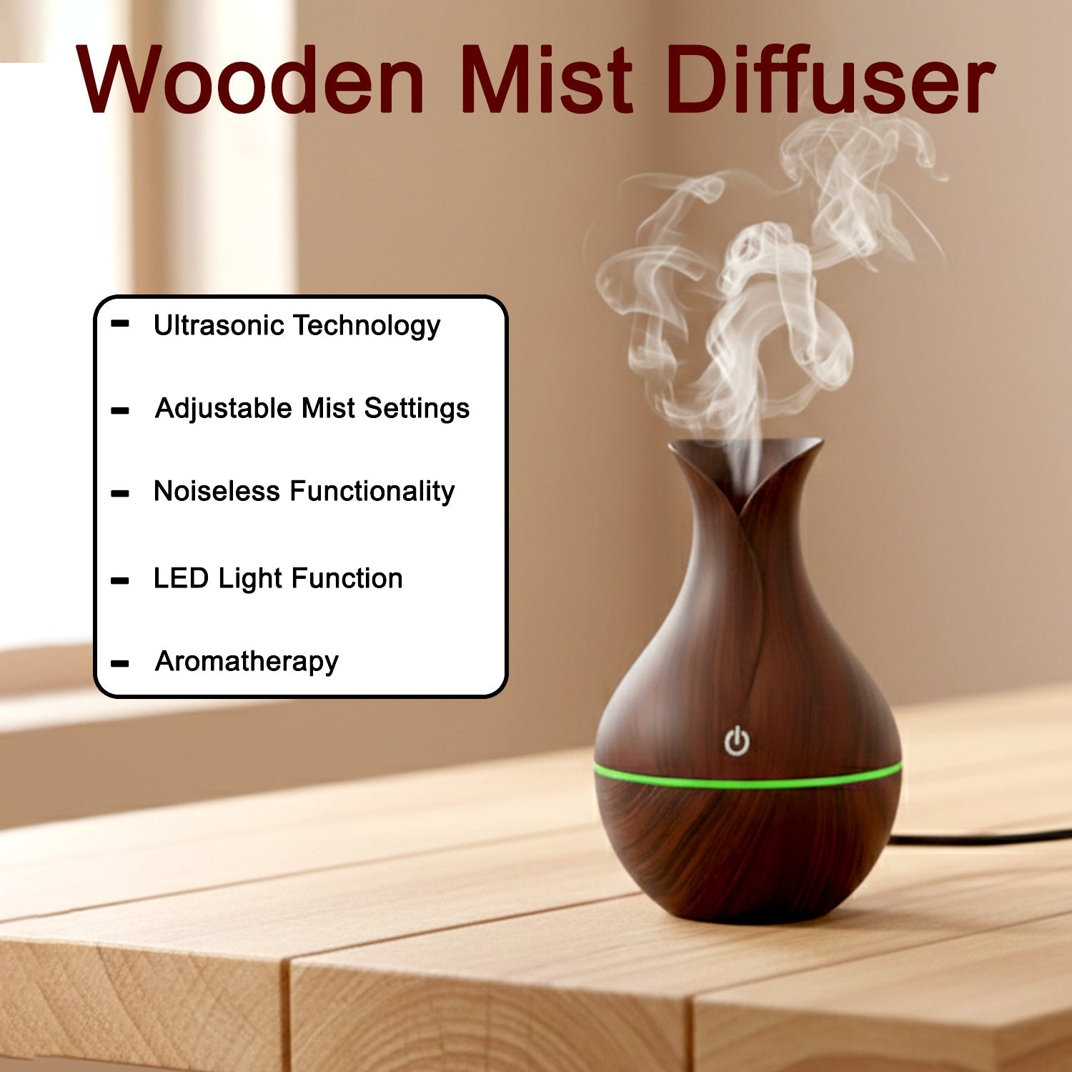 Mini Wooden Humidifier Ultrasonic Mist Diffuser with LED - Back View