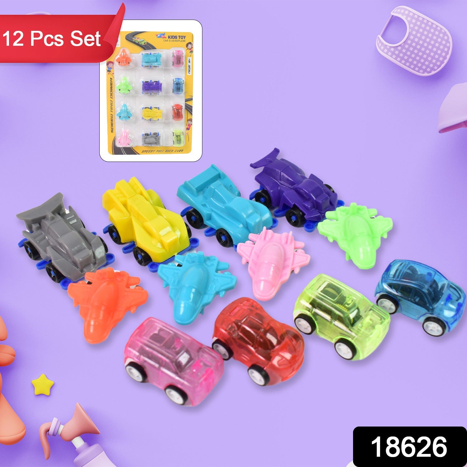 Pull Back Car Set 12 Mini Vehicle Toys for Kids | Aditi - Side View
