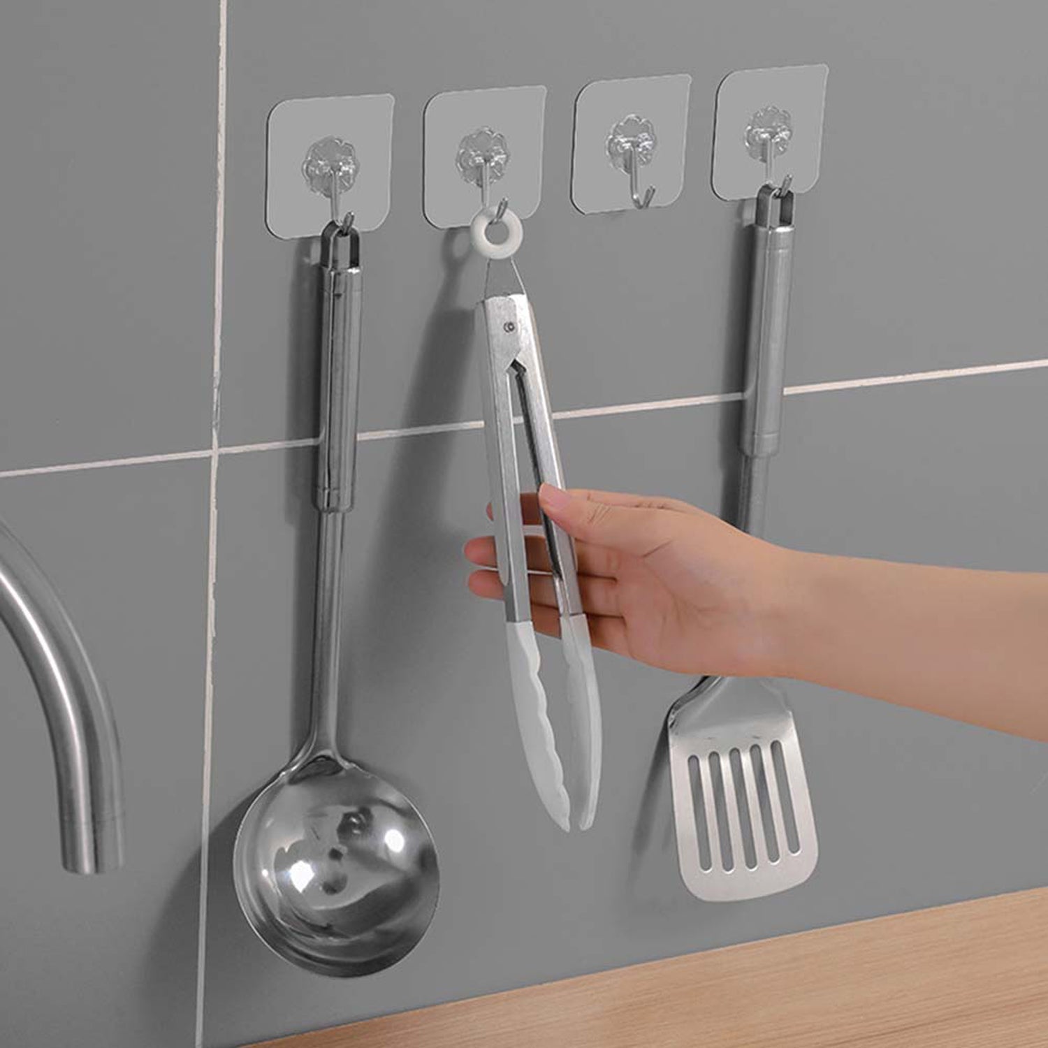 Strong Transparent Adhesive Wall Hooks 10 Pc Set for Home & Kitchen - Back View