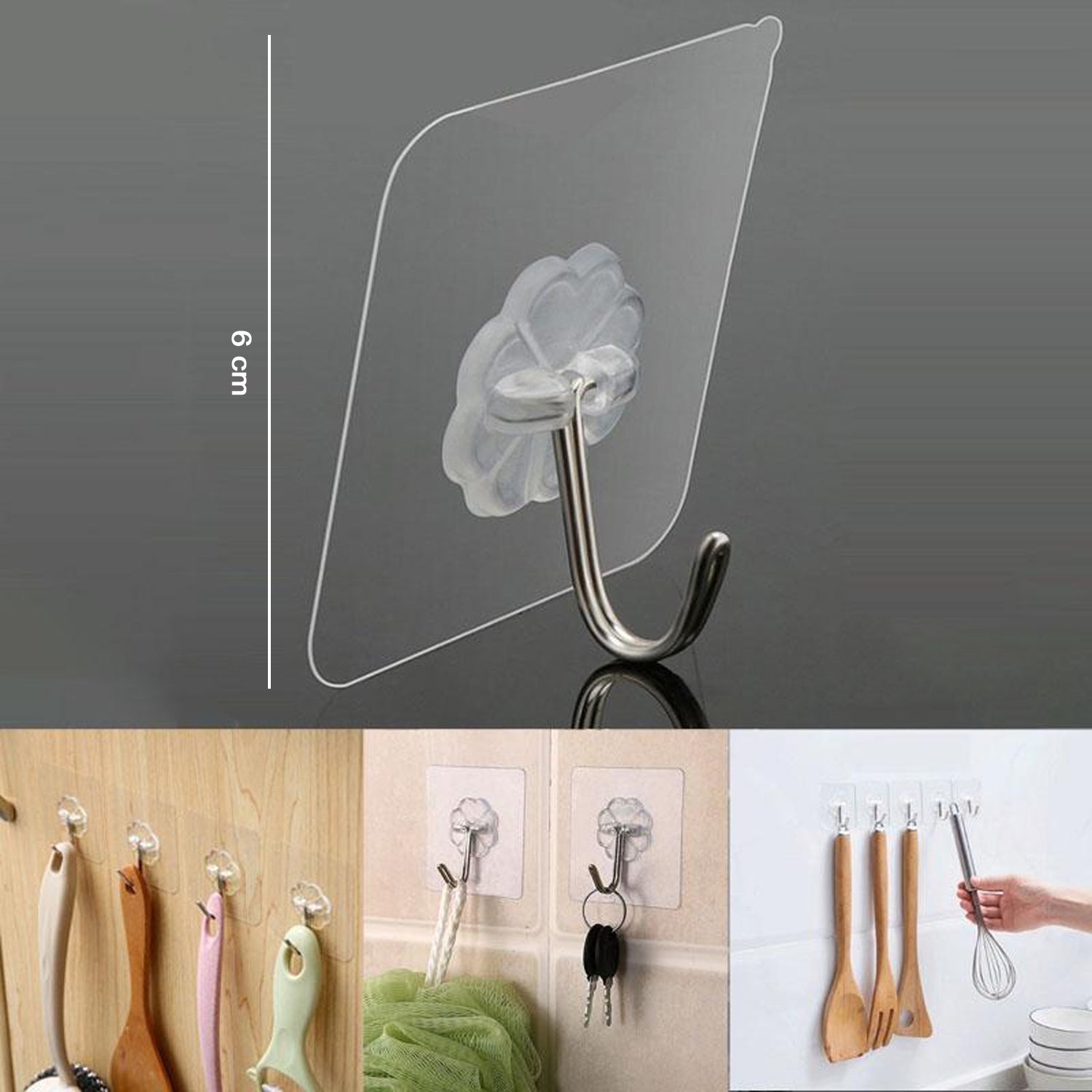 Strong Transparent Adhesive Wall Hooks 10 Pc Set for Home & Kitchen - Detail View 6