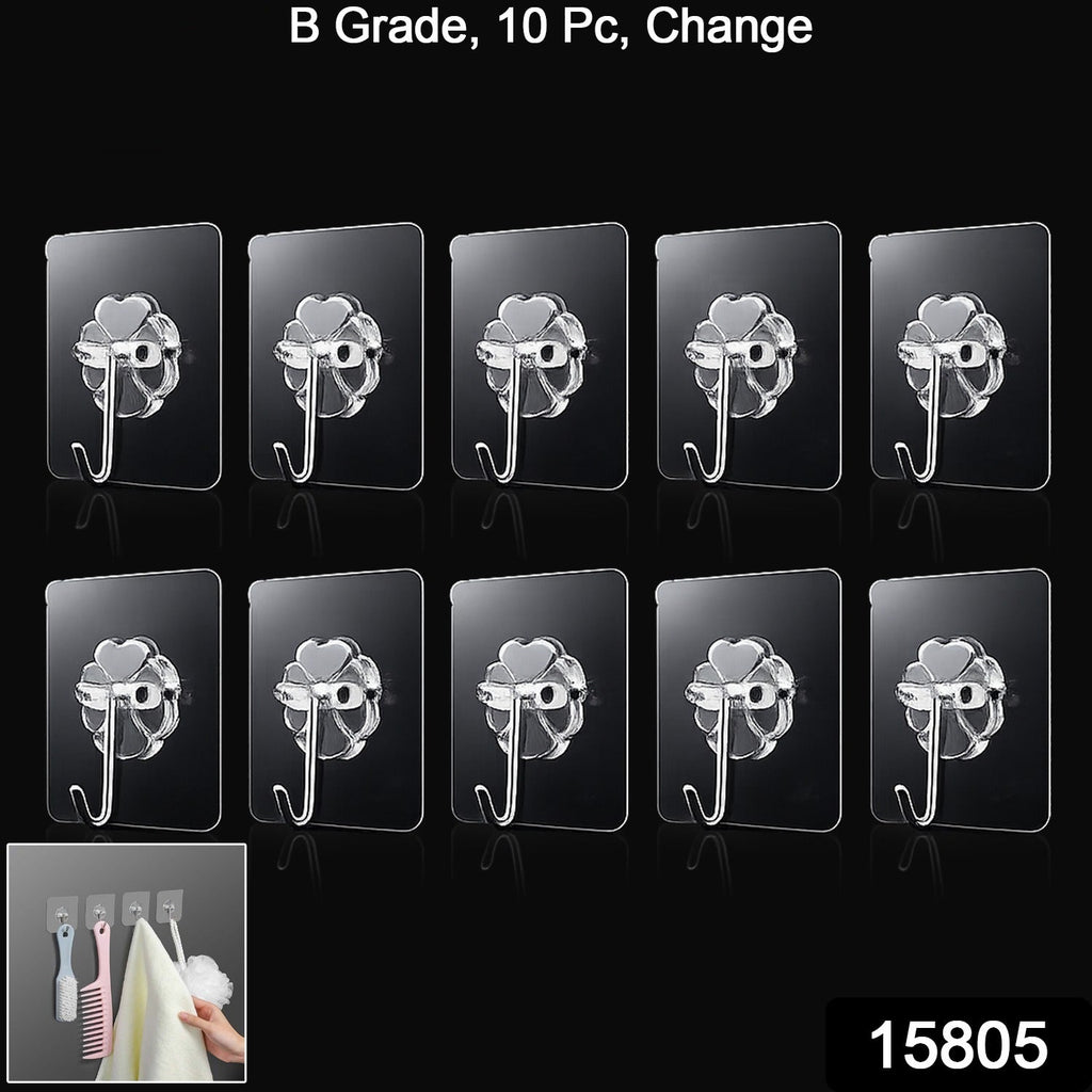 Strong Transparent Adhesive Wall Hooks 10 Pc Set for Home & Kitchen - Side View