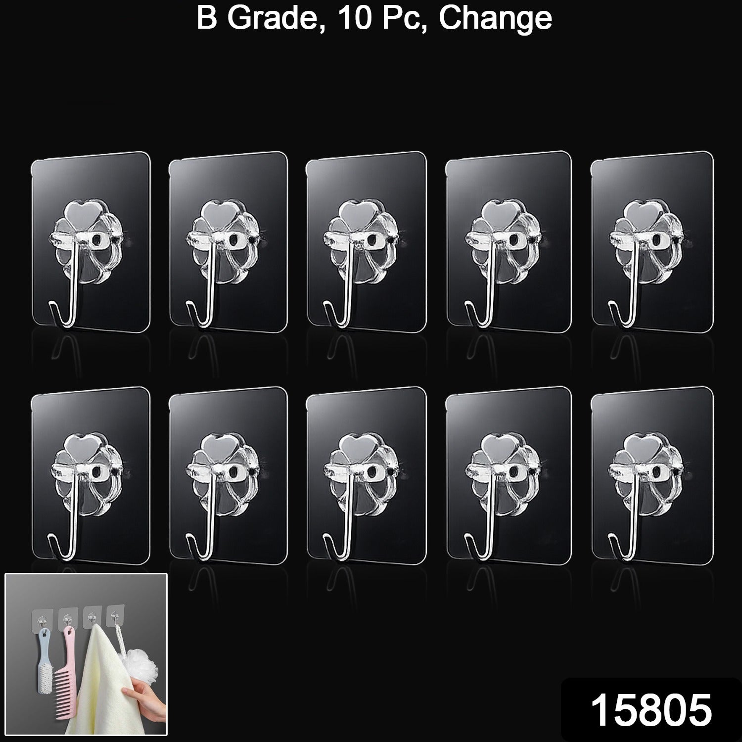 Strong Transparent Adhesive Wall Hooks 10 Pc Set for Home & Kitchen - Side View