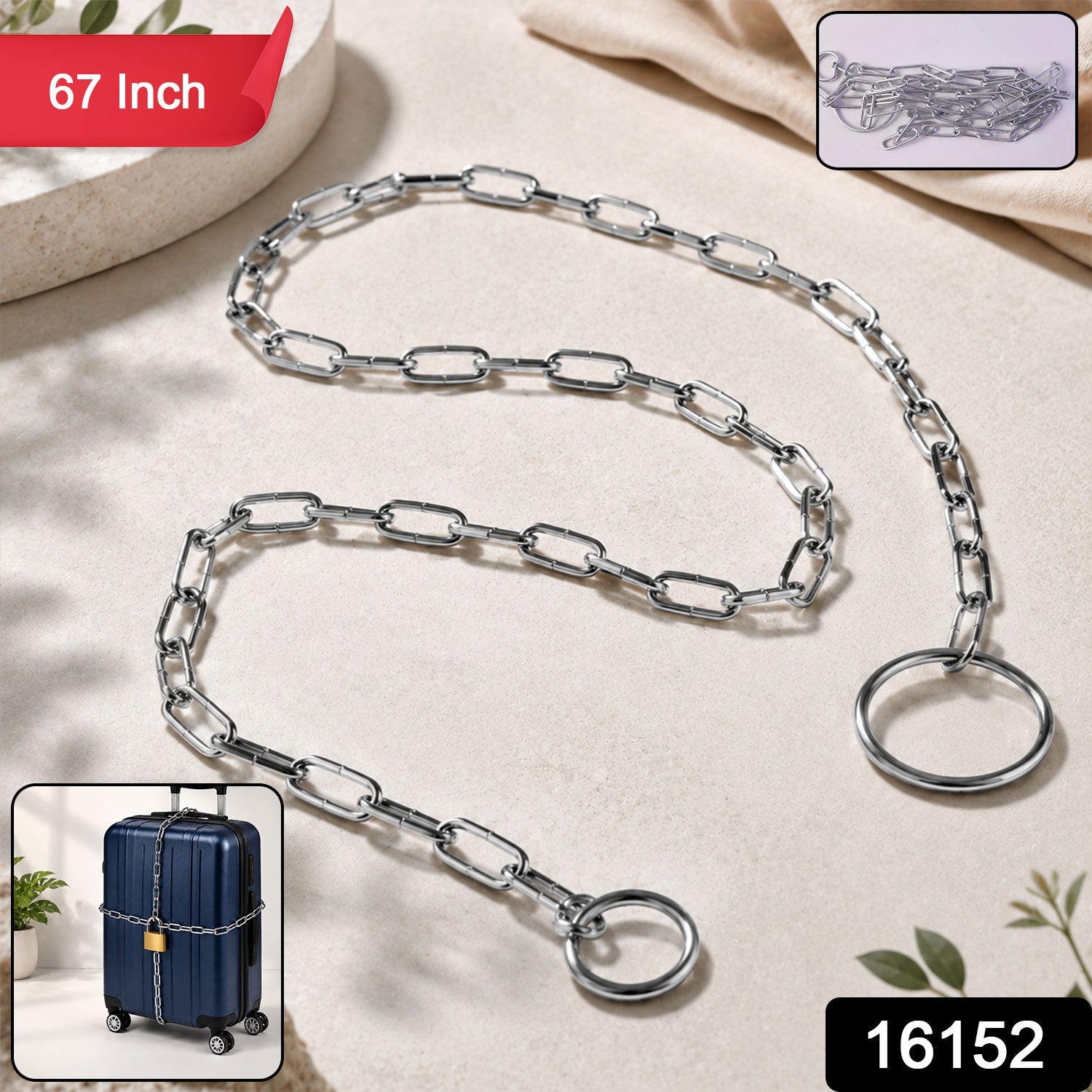 Heavy Duty Steel Luggage Lock Chain 67 Inch Anti-Theft Travel Security - Side View