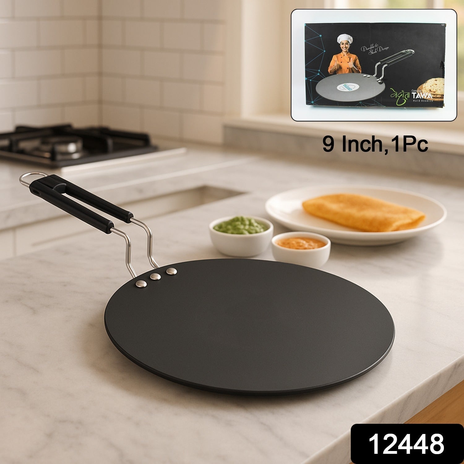 ALVENZA Non-Stick Flat Roti Tawa – Durable 9-Inch Iron Cookware