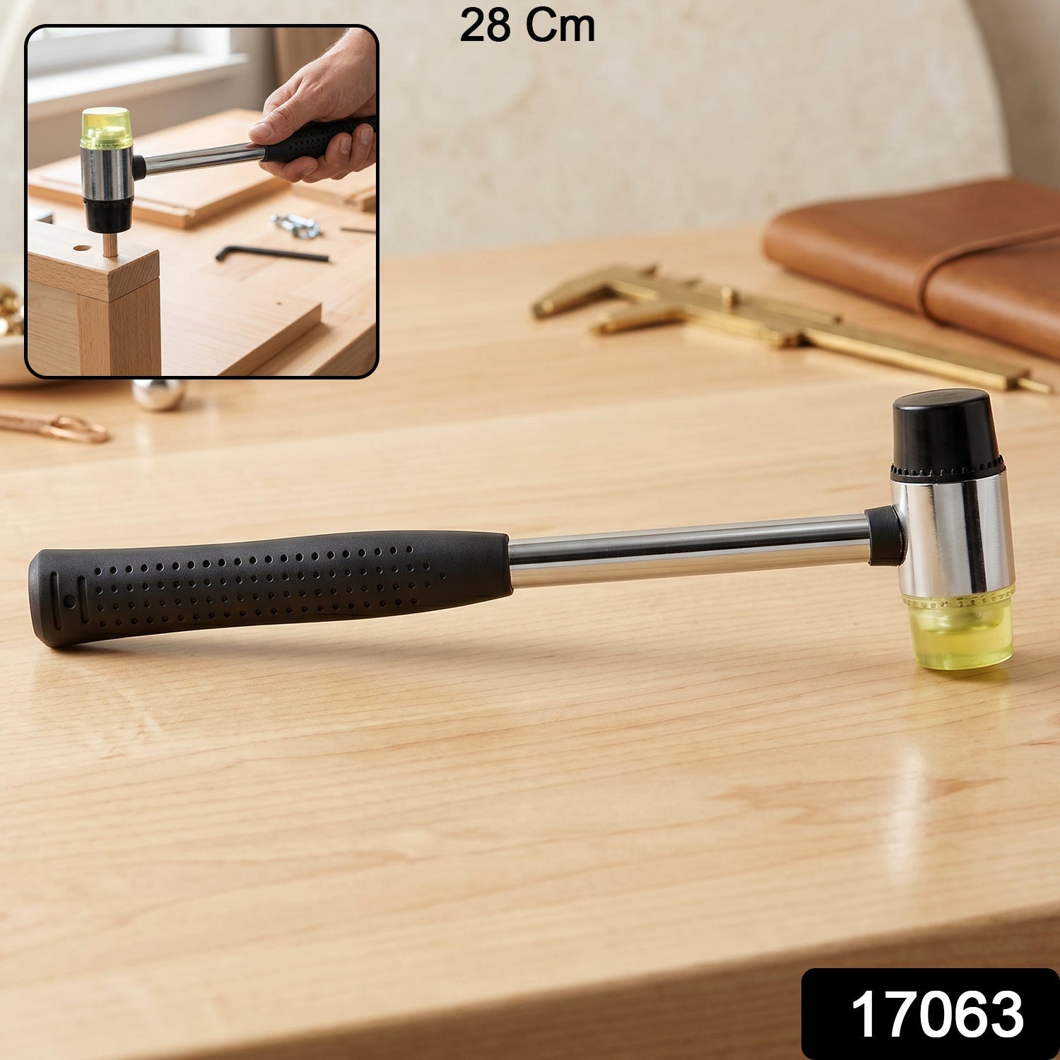 Double Head Rubber Mallet Non-slip grip & durable steel handle - Side View