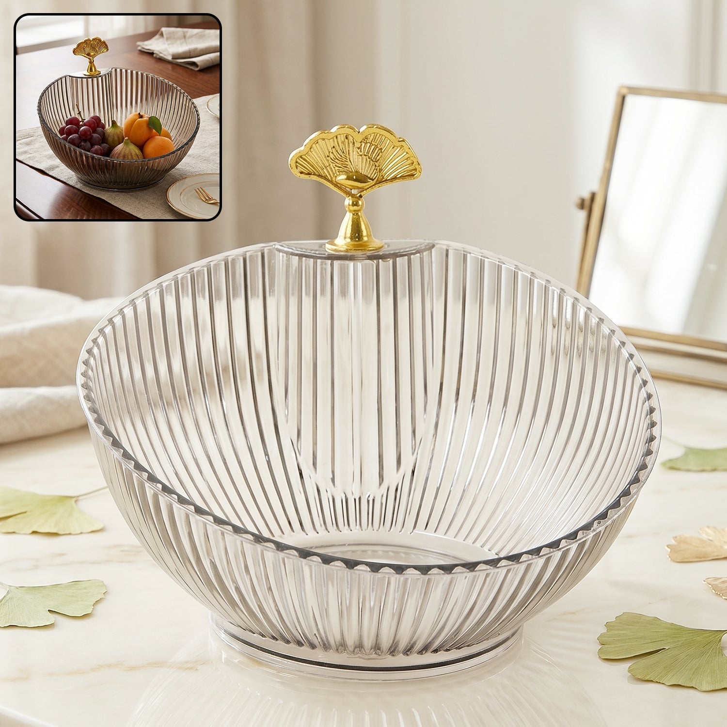 Decorative Plastic Fruit Bowl Elegant Gold Accent for Dining - Front View