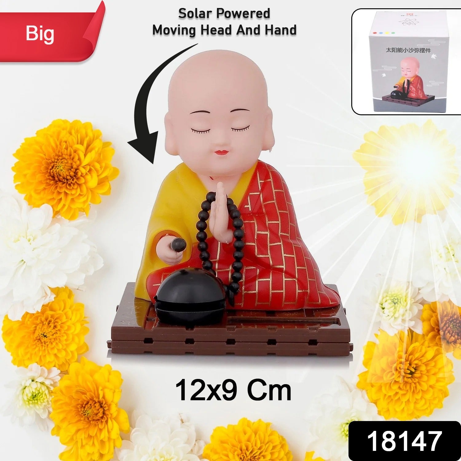 Solar Buddha Statue Moving Head & Hand Decor | Styleva - Front View