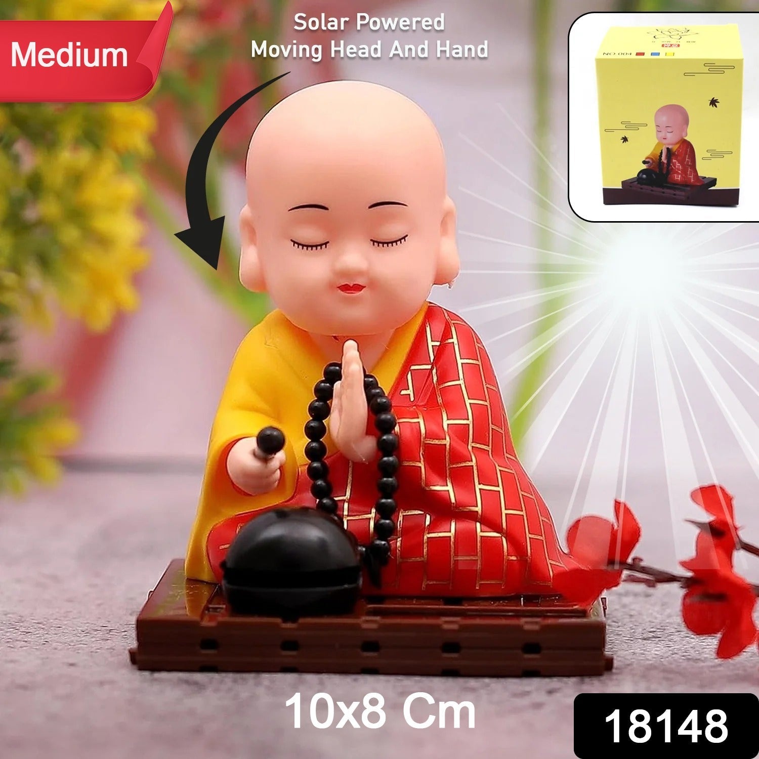 Solar Buddha Statue Moving Head & Hand Decor | XcelCraft - Side View