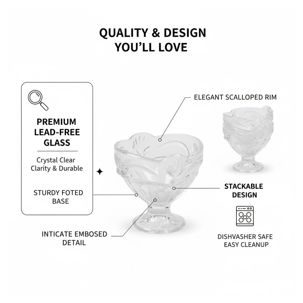 ALVENZA Glass Ice Cream Cups – Elegant Dessert Serving Set (6 Pcs) | Styleva