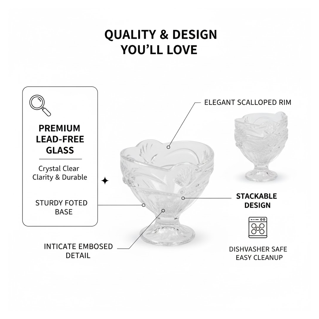 ALVENZA Glass Ice Cream Cups – Elegant Dessert Serving Set (6 Pcs) | Styleva
