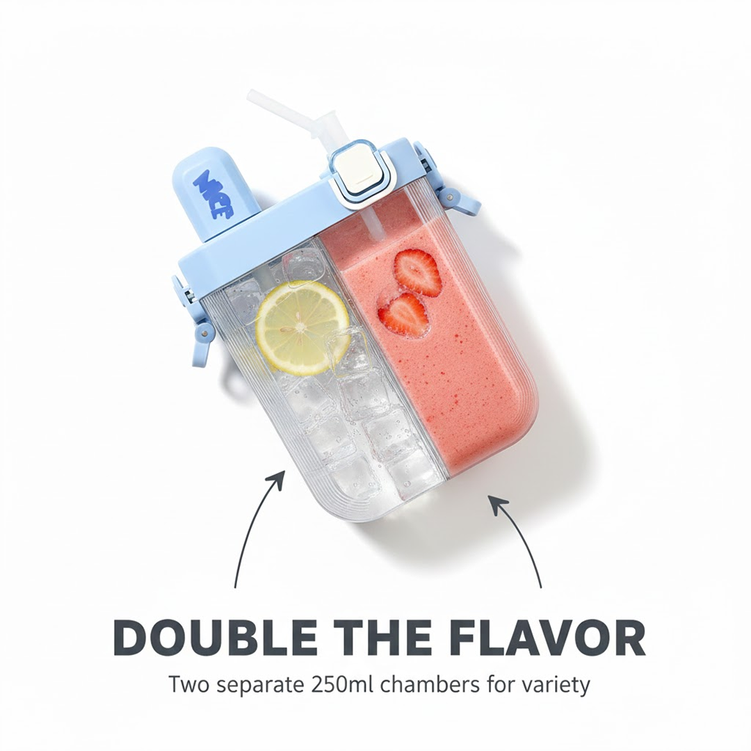 Kids Water Bottle with Dual Compartments Straw & Strap - Front View