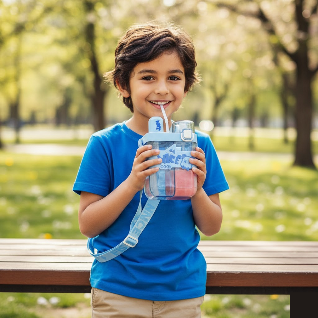 Kids Water Bottle with Dual Compartments Straw & Strap - Side View