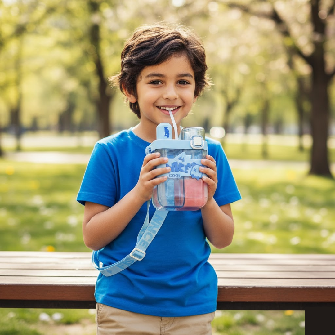 Kids Water Bottle with Dual Compartments Straw & Strap - Side View