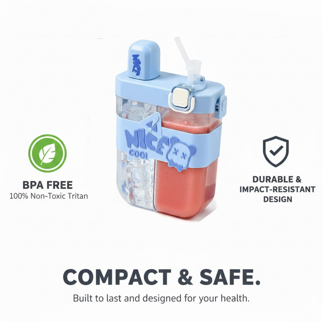 Kids Water Bottle with Dual Compartments Straw & Strap - Detail View 6