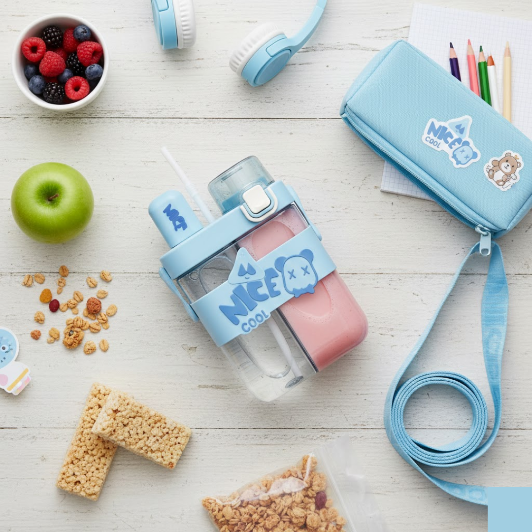 Kids Water Bottle with Dual Compartments Straw & Strap - Back View