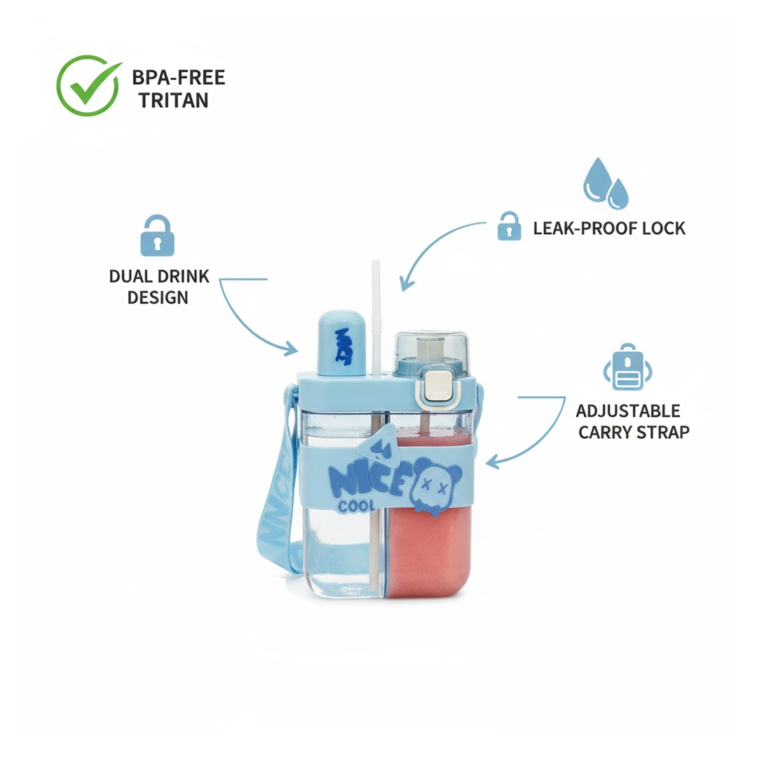 Kids Water Bottle with Dual Compartments Straw & Strap - Detail View 5
