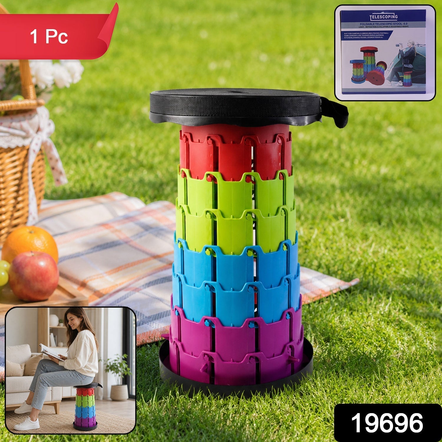 Telescopic Folding Stool Portable, Adjustable Camping Seat - Side View