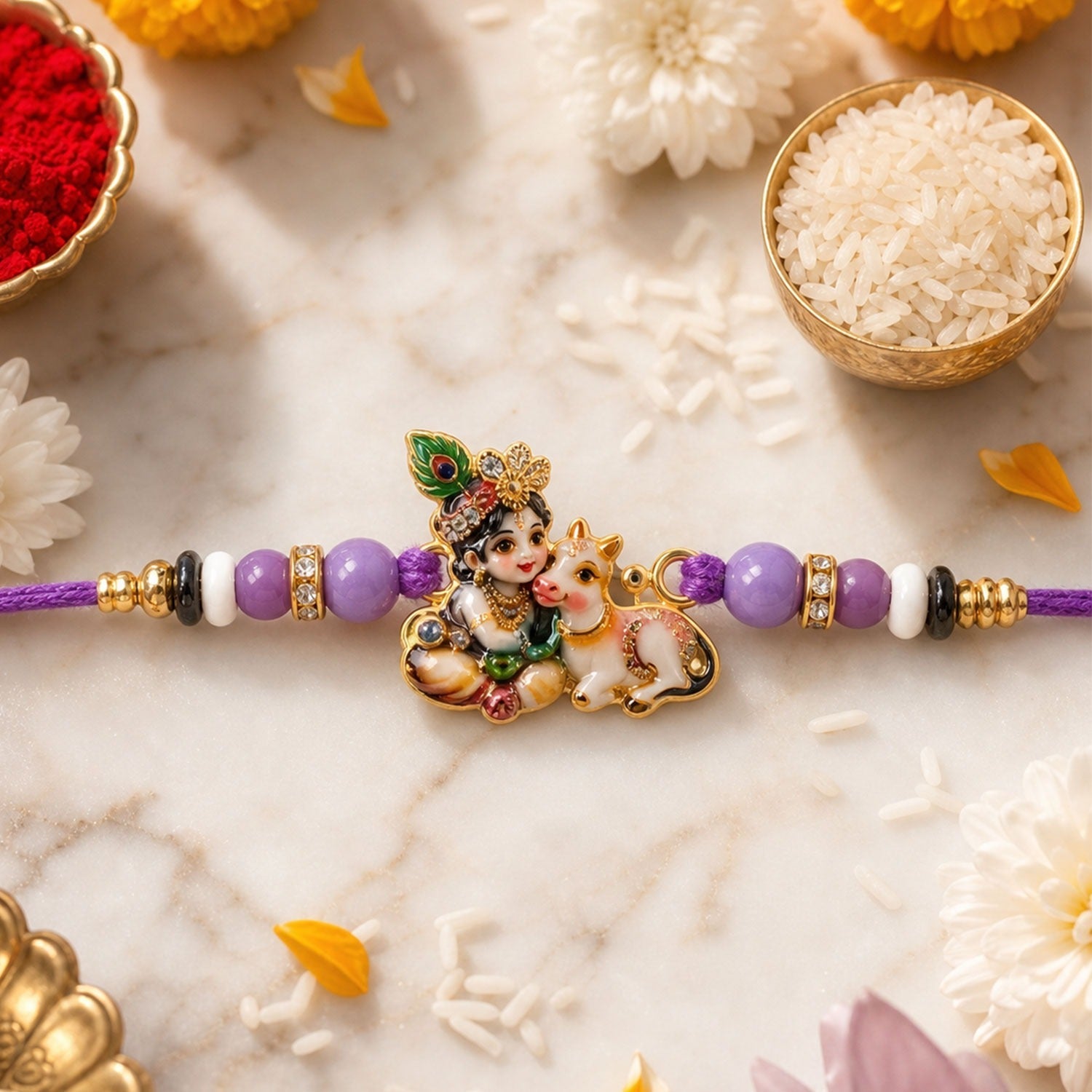 ALVENZA Bal Krishna Rakhi – Divine Cow & Beaded Tradition for Raksha Bandhan